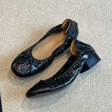  MQTIME  -  Vintage Rivet Bowknot Women Ballet Pumps Comfortable Soft Leather 3cm Thick Heeled Lazy Loafers Spring Summer Casual Girls Shoes