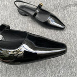 MQTIME  -  Sling Back Black Flats Shoes Women Pointed Toe Low Heels Elegant Mary Janes Glossy Pu Leather Buckle Strap Soft Ladies Shoes