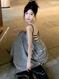 MQTIME  -  Striped Backless Midi Dress for Women A-line High Waist Sling Strapless Long Dress Summer Fashion Sexy Vacation Robe