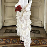  MQTIME  -  French vacation style lace patchwork slim and figure-flattering versatile tiered half skirt