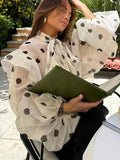 MQTIME  -  Elegant Classic Lace-Up Tops Female Clothing Fashion Loose Polka Dot Print Women's Blouse Casual Lapel Puff Sleeve Office Shirts