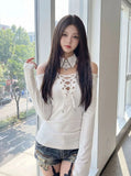 MQTIME  -  Euramerican Turn Down Off The Shoulder Fake Two Piece Harajuku Y2k Front Cross Lace Up Design Spice Girl Shirt Street Clothes