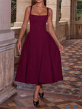 MQTIME  -  Summer New French Square Neck Women Elegant Strap Dress Simple Solid Color Female Banquet Grand Display Long Dresses