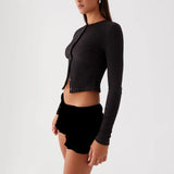 MQTIME  -  Women's Summer Y2K Basic Cropped Tops Ribbed Button-down Front Long Sleeve Simple Slim Fit Grunge T-Shirt Streetwear