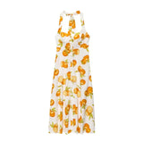  MQTIME  -  Casual Print Halter Dress Women Elegant V-neck Sleeveless Backless High Waist Loose Midi Dresses Summer Lady Vacation Robe