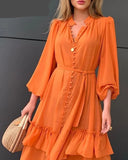 MQTIME  -  Orange Ruffles Midi Dress For Women Lantern Sleeve Button Solid Dress With Belt Daily Vacation Party Vestido