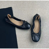  MQTIME  -  Vintage Rivet Bowknot Women Ballet Pumps Comfortable Soft Leather 3cm Thick Heeled Lazy Loafers Spring Summer Casual Girls Shoes