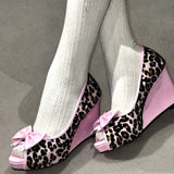 MQTIME  -  Women Pink Leopard Print Peep Toe Wedge High Heel Pumps Bow Decor Sweet Gal Y2K Shibuya Harajuku Kawaii Party Dress Shoes