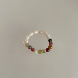 Mqtime Colored Tourmaline Natural Stone Pearl Silver Beads Rings Fashion Design Personality Metal Wire Winding Adjustable Ring