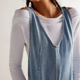 MQTIME  -  Fashion Denim Jumpsuits V Collar Sleeveless Autumn Playsuits Pockets Oversized High Street Rompers Boho Bodysuits