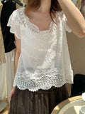  MQTIME  -  Summer Vacation Vintage Embroidery Crochet Solid V Neck Short Sleeve Women Blouse