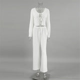 MQTIME  -  Laced up Long Sleeve White Nightwear Spring Autumn Pajamas Lounge Wear Women's Home Clothes Casual Sleepwear Home Wear D422