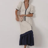 MQTIME  -  New Linen Contrast Cardigan Dress Design Sense Ruffle Sleeve Temperament Waist Slit Long Skirt