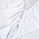 MQTIME  -  Elegant French Style Ruffle Chiffon Blouses Woman's Fashion Deep V Neck Long Sleeve Slim Tops Summer Beach Party Wear