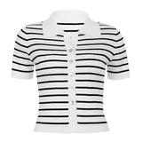 MQTIME  -  Contrast Striped Woollen Short-sleeved Single-breasted Cardigan Polo Neck Commuter Knit Top for Women