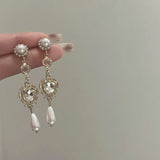 Mqtime Vintage Court Style Pearl Heart Crystal Earrings for Women Temperament Fashion Design Delicate Long Fringe Earrings Jewelry