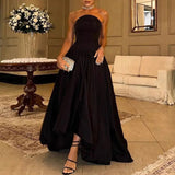 MQTIME  -  Satin Black Pleated Party Dress Fashion Women's Strapless High Waist Robe Dress Casual Backless Slim Fit Swing Banquet Dresses
