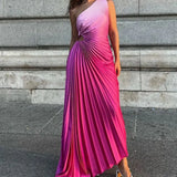 MQTIME  -  One Shoulder Pleated A-line Party Dress Sleeveless Elegant Evening Vestidos Backless Gradient Color Femme Club Dress