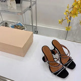 MQTIME  -  Square Sandals Women's Summer Roman Women's Shoes with Open-toed Rhinestone Slippers Women