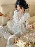 MQTIME  -  Spring New Lace Pajamas Suit Princess Style Nightwear  Rayon Stain Solid Long Sleeve Deep V-Neck Home Clothes
