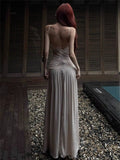 MQTIME  -  Women Strap Dress Spring Backless Waist Tied Maxi Dress Women's Lace Paneled Summer Elegant Slim Fit Slip Dress