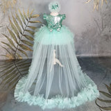 MQTIME Cyan Flower Girl Dresses Tulle With Bow And Tailing Short Sleeve For Wedding Birthday Party Banquet Princess Gowns