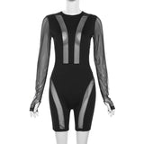 MQTIME  - Sheer Mesh Patchwork Playsuits Women Sexy See Through O-Neck Long Sleeve Zipper Shorts Jumpsuits Night Clubwear Party Rompers