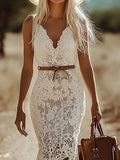 MQTIME  -  Vintage Bohemian Lace Slim A-line Dress Sexy Hollow Sleeveless Wrap Hip Long Dress Women Fashion Perspective Mermaid Dress Mujer