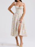 MQTIME  -  New Floral Midi Dress Bohemian Flowy Slit Dress Elegant Fashion Women Going Out A-line Casual Summer Sundress Print Halter Dress