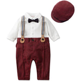 MQTIME  -  Baby Boys Gentleman Suit Formal 1st Birthday Newborn Outfit One-piece Jumpsuit+Beret+Bowtie+Suspender Toddler Clothes