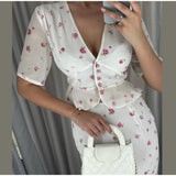  MQTIME  -  Chiffon Printed Ruffle Skirts Sets Women V-neck Short Puff Sleeve Button Cropped Shirt Slim Mermaid Skirt Summer Party Suit