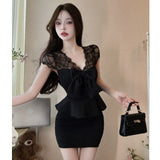 MQTIME  -  Celebrity Girl Sexy Dresses Fake Two Pieces Perspective Lace Splicing Short Sleeve Ruffle Edge Hip Wrap Dress Tide