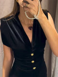 MQTIME  -  V-Neck Velvet Long Dresses Pleated Sexy Wide Shoulder Strap Waist Cinching Slim Fit Sleeveless Robes Gold Button Trend Dress
