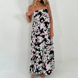 MQTIME  -  Women Casual Strapless Dress Summer Boho Floral Print Tie up Backless Long A-Line Dress for Party Beach Streetwear
