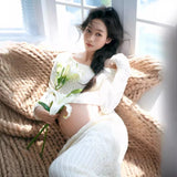 MQTIME  -  Women Maternity Dress for Photography White Elegant Knitted One-shoulder Pregancy Top Skirt for Studio Photo Shoot Clothing