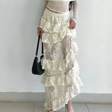  MQTIME  -  French vacation style lace patchwork slim and figure-flattering versatile tiered half skirt