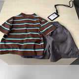 MQTIME  -  Boys' Suit Spring and Summer New Children's Wear Korean Style Boy Baby Striped Lapel T-shirt Cargo Shorts Two Sets
