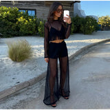 MQTIME  -  See Through Women's Pant Suit Two Piece Set Sexy Tassel  Patchwork Full Sleeve Tank Top Wide Leg Pants Female Sets Beach Outfit