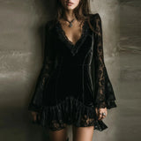 MQTIME  -  Women's Spring Autumn Deep V Neck Lace Patchwork Mini Dress Long Flare Sleeve Sheath Elegant Sexy Streetwear for Fashion