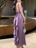 MQTIME  -  Summer Purple Satin Backless Long Dress Elegant Women Sexy V-neck Bodycon Dresses Ladies Vintage Evening Party Dress Vestidos