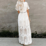 MQTIME  -  Summer Lace Maxi Dress V Neck Short Sleeve Embroidery Elegant Vestidos Vacation White Floor Length Dress Party Robes