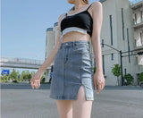 MQTIME  -  Split denim short skirt for women with high waist and slim appearance 2024 new small A-line buttocks wrapped skirt