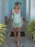  MQTIME  -  Fashion Sequin Tassel Mini Dress For Women Sleeveless O-neck Feather Female Dresses Summer Elegant Beach Female Ball Gown