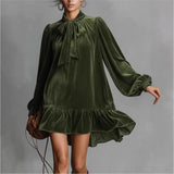  MQTIME  -  Spring Autumn Long Sleeve Elegant Velvet Bow Mini Dress Women's Clothing Casual Party Work Evening Office Lady Dresses
