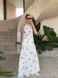  MQTIME  -  Elegant Elegant Butterfly Print  Sleeveless Long Dress Women Halter Backless Lace Up Slim A-line Dresses New Lady Party Robes
