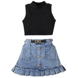 MQTIME  -  2Piece Sets Summer Kids Clothes Girl Fashion Cotton Sleeveless Black Baby Tops+Denim Skirt Children Boutique Clothing BC1091