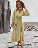 MQTIME  -  Printing Maxi Dress V Neck Bandage Boho Holiday Dress Long-sleeved Belt Lace-up Vestidos Ruffled Beach Dresses