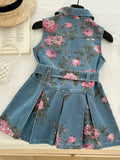 MQTIME  -  Girls Summer Denim Dress – Floral Print Collar & Belted A-Line Skirt, Korean Style Kids Fashion Princess Dress for Girls