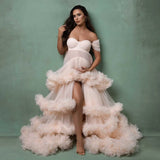 MQTIME  -  Pretty Layered Tulle Maternity Dresses Photoshoot Peach Soft Tulle Tiered Maternity Dress платье для беременных Babyshower Dress