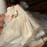 MQTIME  -  Girls Princess Long Dress Fashion Bow Sequin Puff Sleeve Tutu High End Formal Party Gown Ball New Style Children Evening Dress